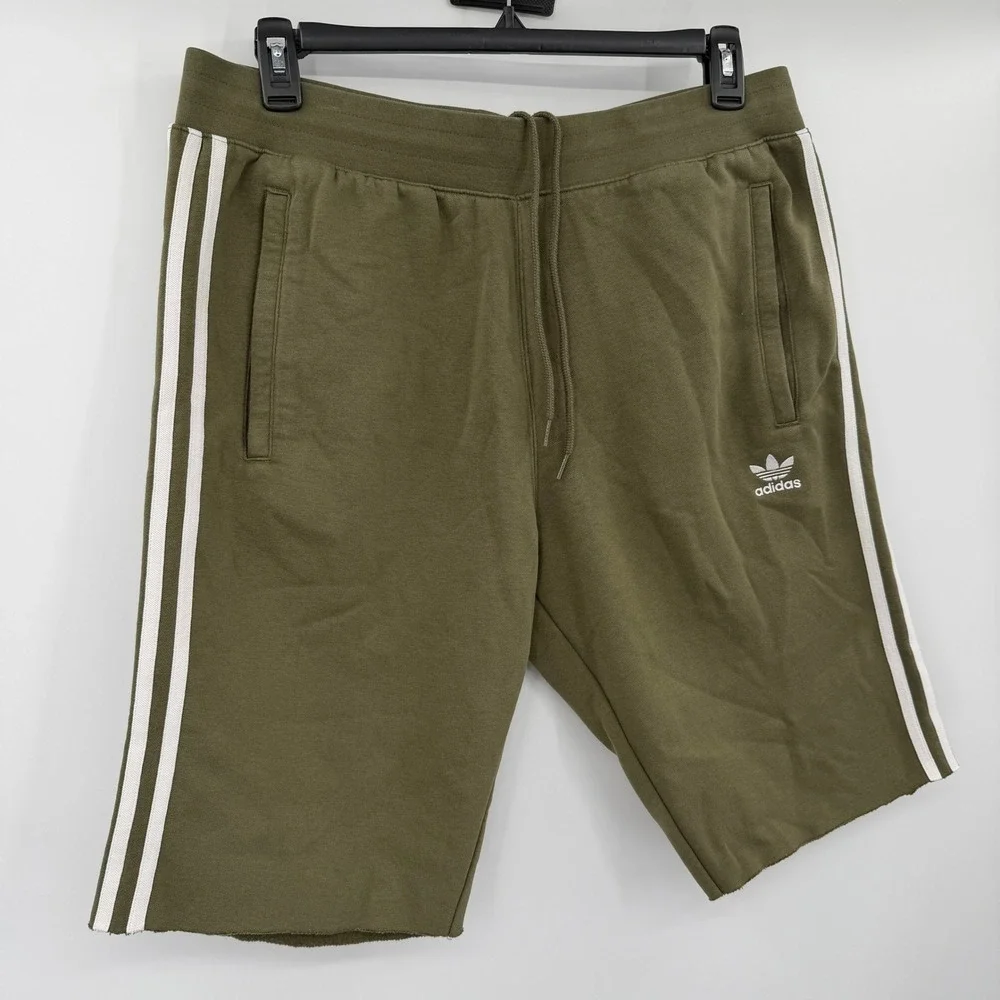 Adidas Originals Mens XL Olive Green 3-Stripe Fleece Sweat Shorts Trefoil Logo